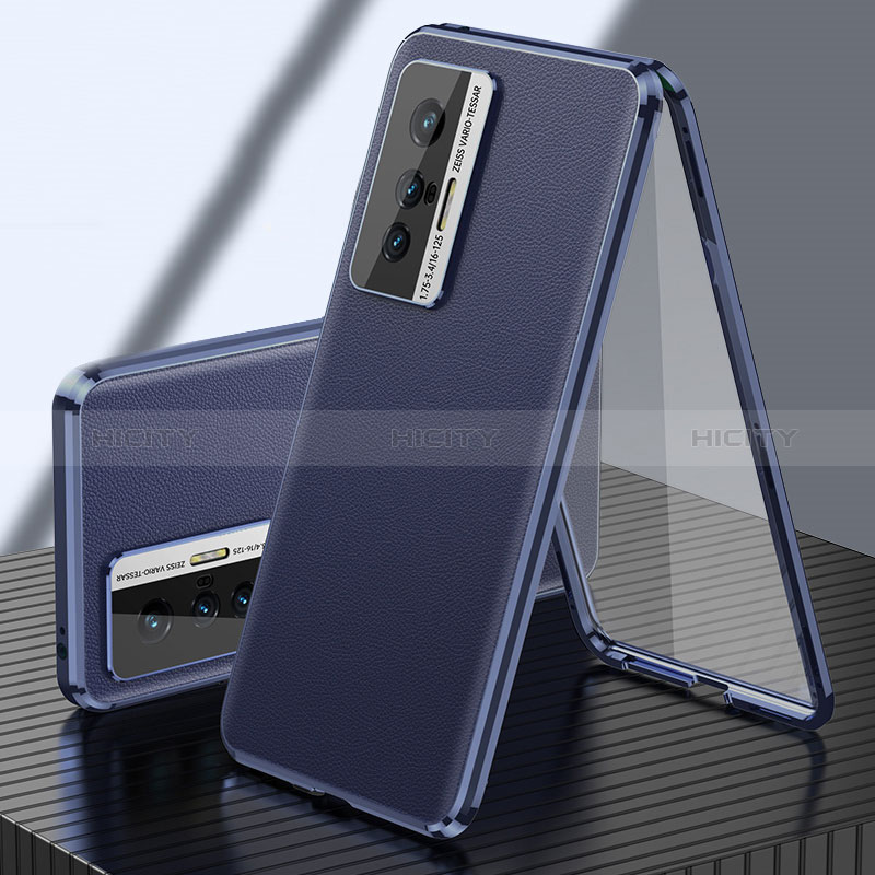 Funda Lujo Marco de Aluminio y Cuero Carcasa 360 Grados para Vivo X70t Azul