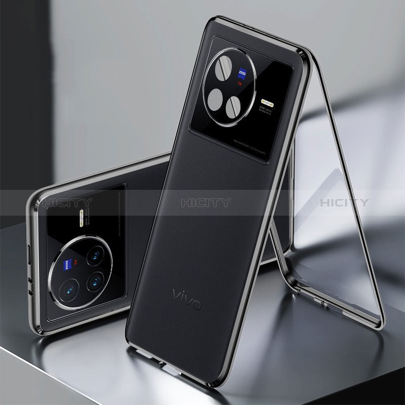 Funda Lujo Marco de Aluminio y Cuero Carcasa 360 Grados para Vivo X80 5G Negro