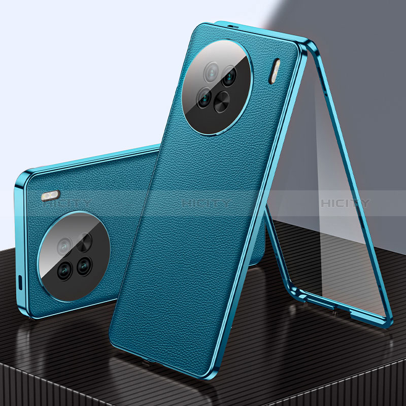 Funda Lujo Marco de Aluminio y Cuero Carcasa 360 Grados para Vivo X90 Pro 5G Verde