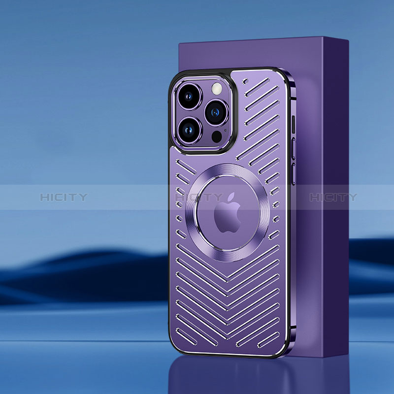 Funda Lujo Marco de Aluminio y Silicona Carcasa Bumper con Mag-Safe Magnetic AC1 para Apple iPhone 13 Pro Max Morado