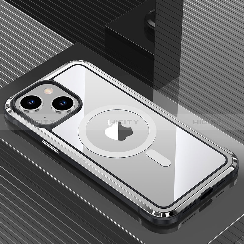 Funda Lujo Marco de Aluminio y Silicona Carcasa Bumper con Mag-Safe Magnetic QC1 para Apple iPhone 14 Plus Plata