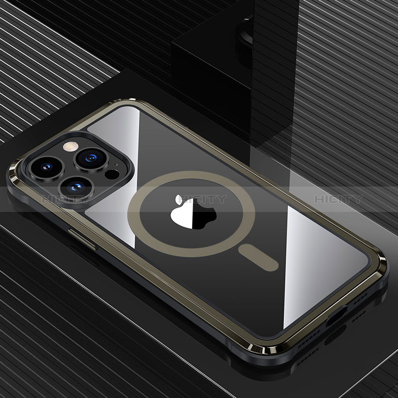 Funda Lujo Marco de Aluminio y Silicona Carcasa Bumper con Mag-Safe Magnetic QC1 para Apple iPhone 14 Pro Max Negro