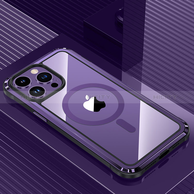 Funda Lujo Marco de Aluminio y Silicona Carcasa Bumper con Mag-Safe Magnetic QC1 para Apple iPhone 14 Pro Morado