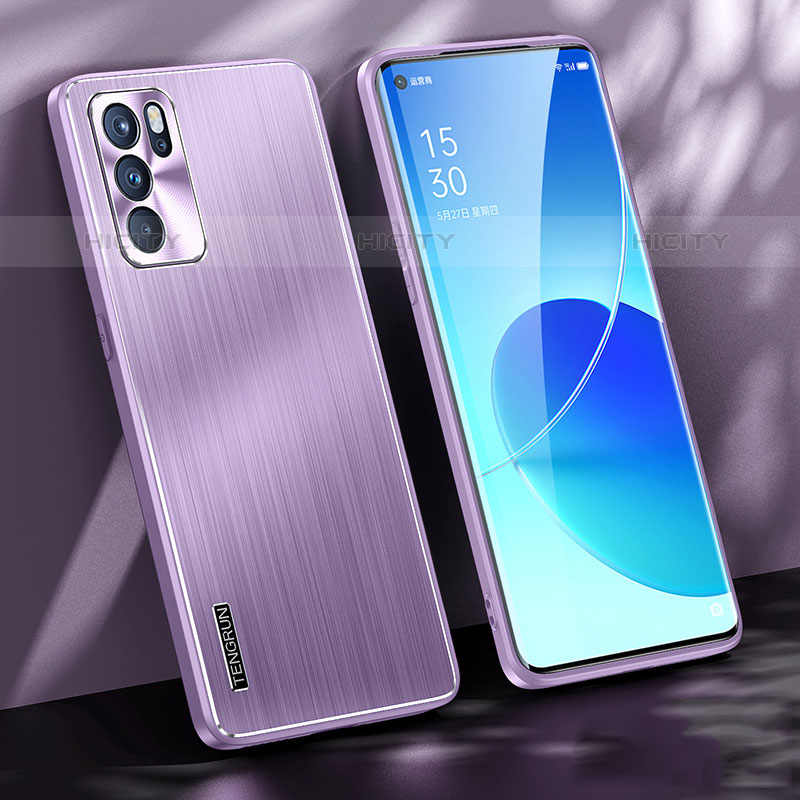 Funda Lujo Marco de Aluminio y Silicona Carcasa Bumper J01 para Oppo Reno6 Pro 5G India Morado