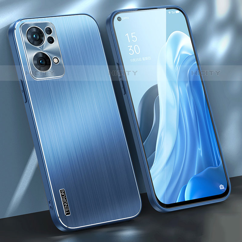 Funda Lujo Marco de Aluminio y Silicona Carcasa Bumper J01 para Oppo Reno7 Pro 5G Azul