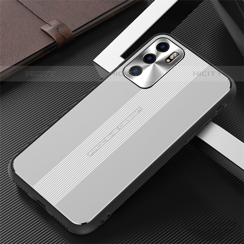 Funda Lujo Marco de Aluminio y Silicona Carcasa Bumper J02 para Oppo Reno6 Pro 5G India Plata