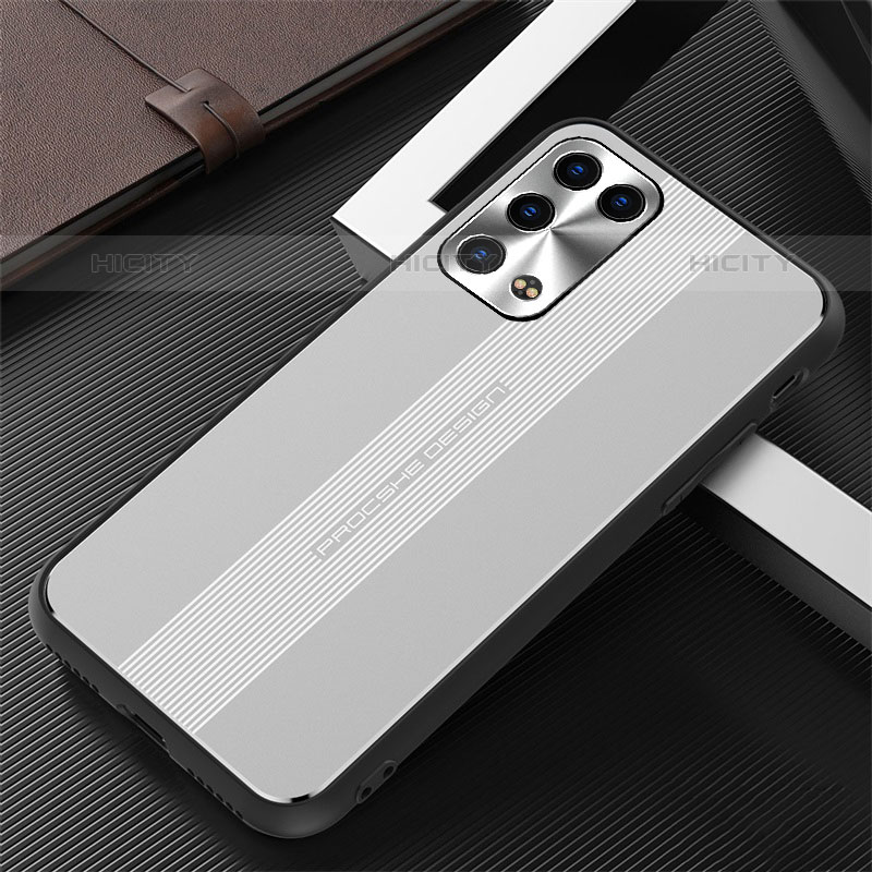 Funda Lujo Marco de Aluminio y Silicona Carcasa Bumper J02 para Oppo Reno6 Pro+ Plus 5G Plata