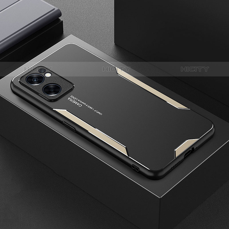 Funda Lujo Marco de Aluminio y Silicona Carcasa Bumper para Oppo Reno7 SE 5G Oro