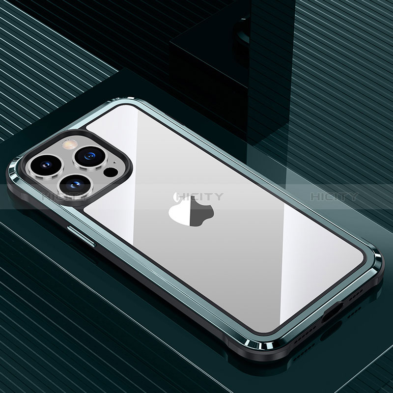 Funda Lujo Marco de Aluminio y Silicona Carcasa Bumper QC1 para Apple iPhone 14 Pro Max Cian