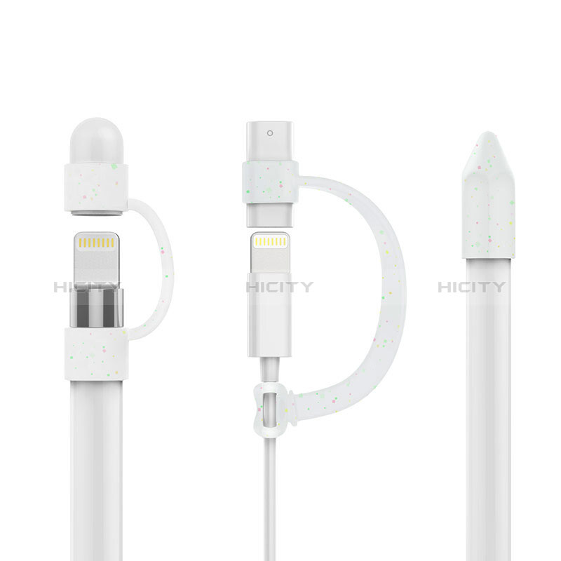 Funda Silicona Cap Tapa Soporte Punta Cubierta Cable Lightning Adaptador Tether Anti-Perdido P01 para Apple Pencil Blanco