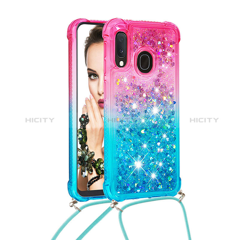 Funda Silicona Carcasa Goma Bling-Bling con Acollador Cordon Lanyard S01 para Samsung Galaxy A20e Rosa