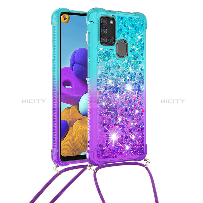 Funda Silicona Carcasa Goma Bling-Bling con Acollador Cordon Lanyard S01 para Samsung Galaxy A21s Azul Cielo