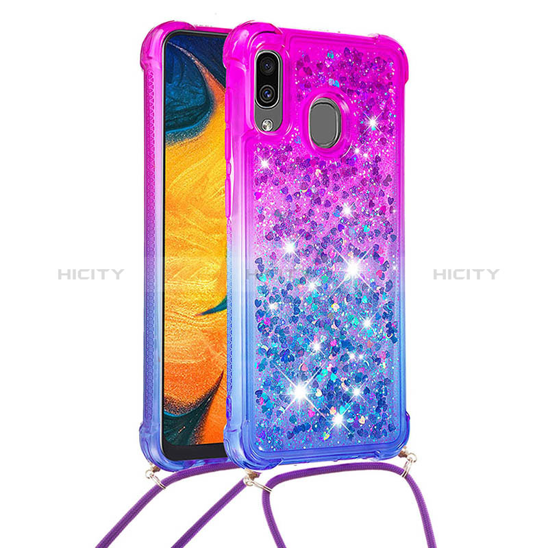 Funda Silicona Carcasa Goma Bling-Bling con Acollador Cordon Lanyard S01 para Samsung Galaxy A30 Morado