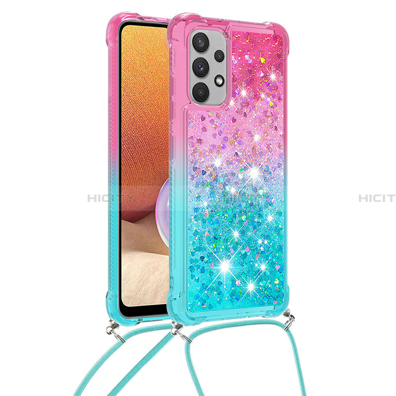 Funda Silicona Carcasa Goma Bling-Bling con Acollador Cordon Lanyard S01 para Samsung Galaxy A32 5G Rosa