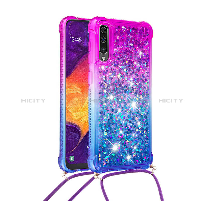 Funda Silicona Carcasa Goma Bling-Bling con Acollador Cordon Lanyard S01 para Samsung Galaxy A50S Morado