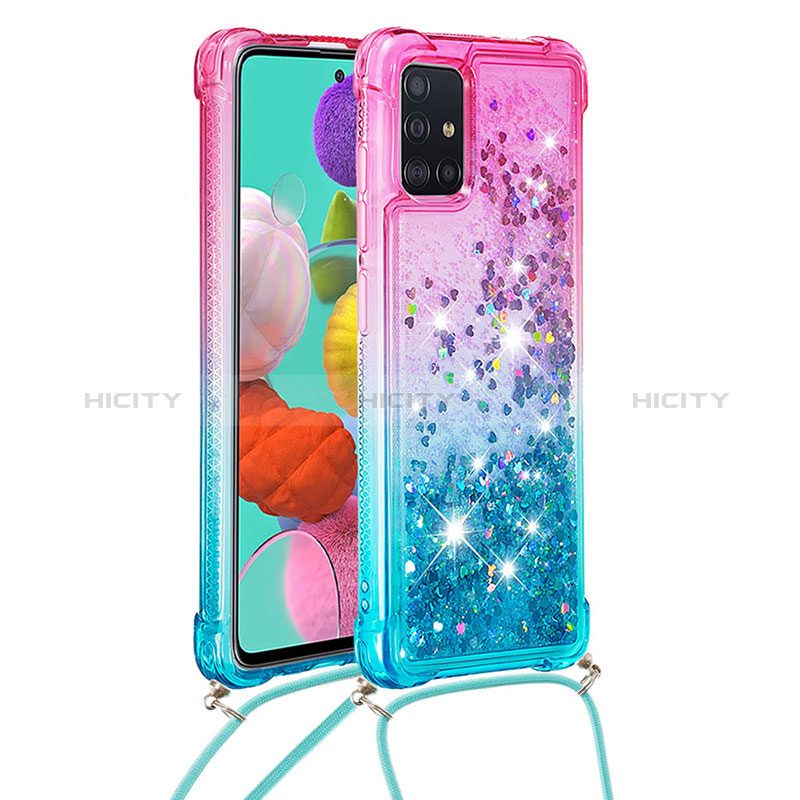 Funda Silicona Carcasa Goma Bling-Bling con Acollador Cordon Lanyard S01 para Samsung Galaxy A51 5G Rosa