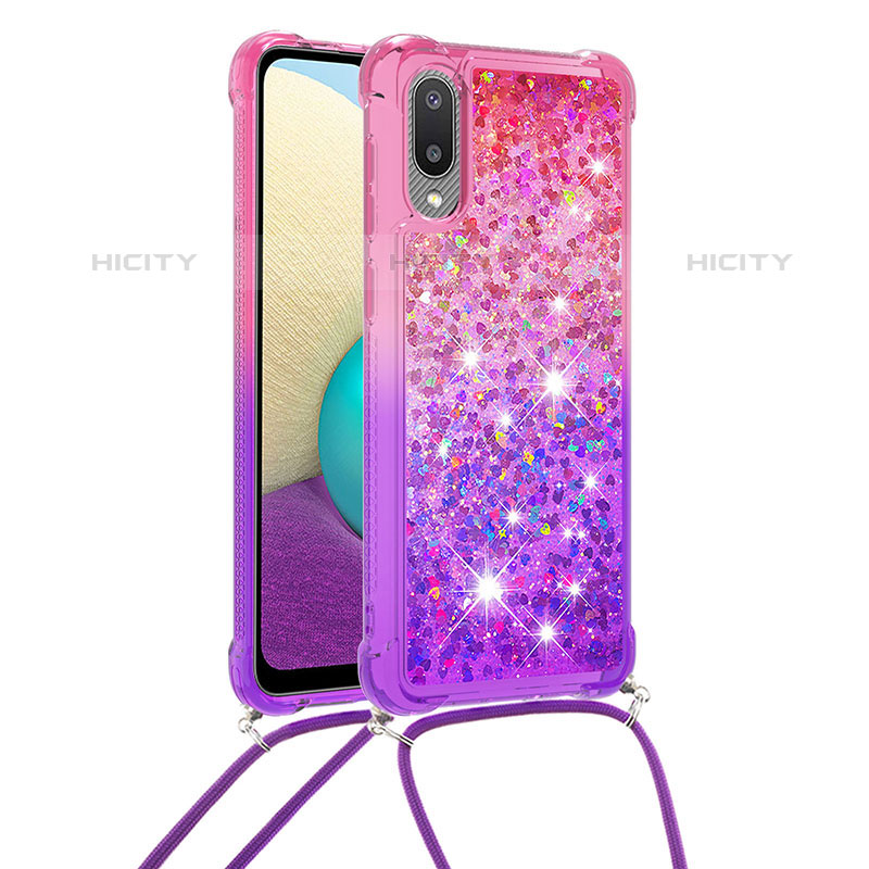 Funda Silicona Carcasa Goma Bling-Bling con Acollador Cordon Lanyard S01 para Samsung Galaxy M02 Rosa