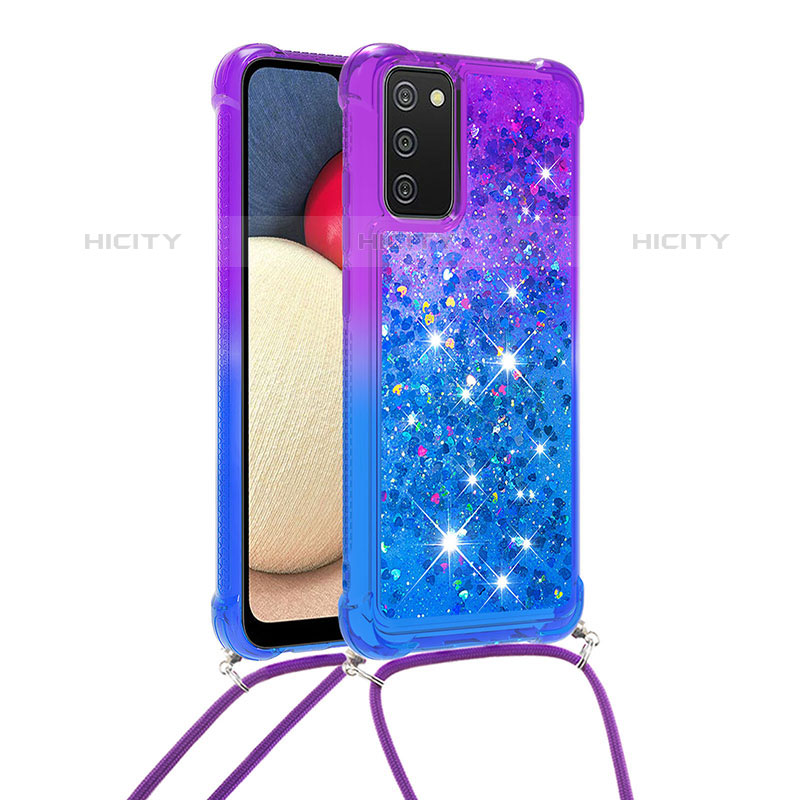 Funda Silicona Carcasa Goma Bling-Bling con Acollador Cordon Lanyard S01 para Samsung Galaxy M02s Morado