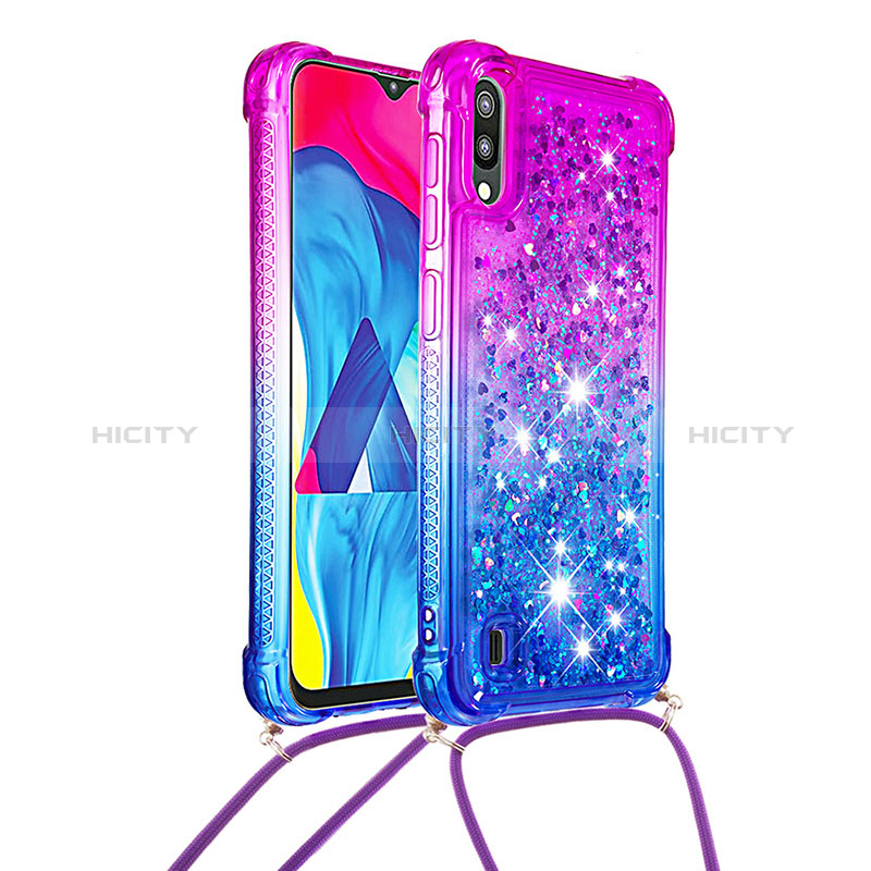 Funda Silicona Carcasa Goma Bling-Bling con Acollador Cordon Lanyard S01 para Samsung Galaxy M10 Morado