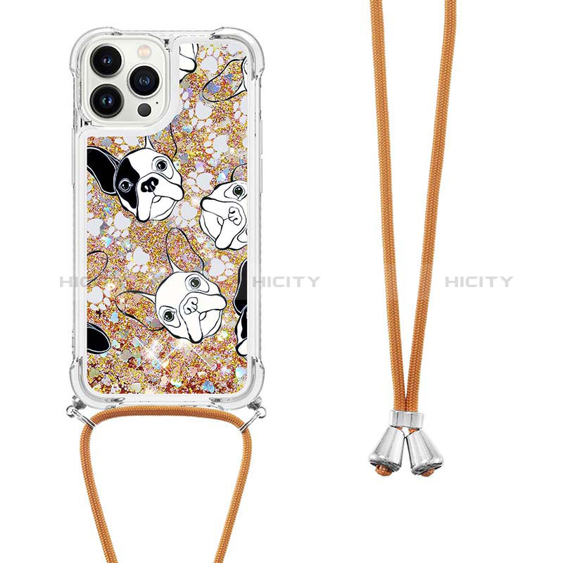 Funda Silicona Carcasa Goma Bling-Bling con Acollador Cordon Lanyard S02 para Apple iPhone 13 Pro Oro