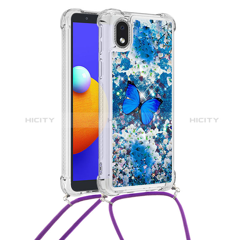 Funda Silicona Carcasa Goma Bling-Bling con Acollador Cordon Lanyard S02 para Samsung Galaxy A01 Core Azul