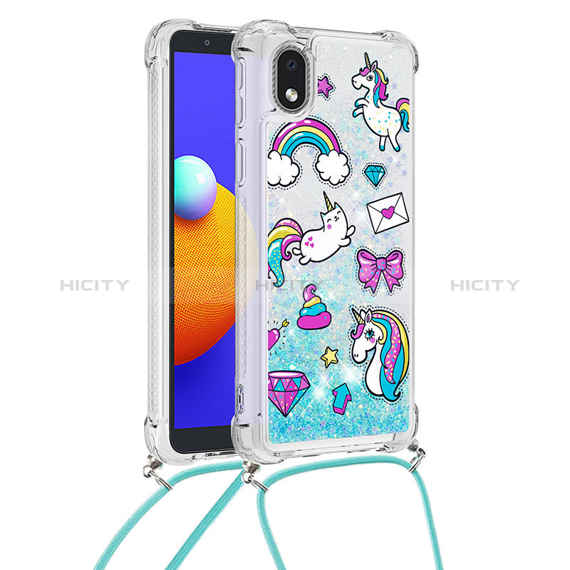 Funda Silicona Carcasa Goma Bling-Bling con Acollador Cordon Lanyard S02 para Samsung Galaxy A01 Core Azul Cielo