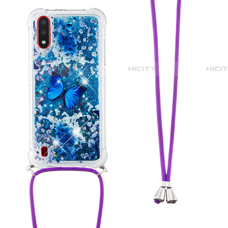 Funda Silicona Carcasa Goma Bling-Bling con Acollador Cordon Lanyard S02 para Samsung Galaxy A01 SM-A015 Azul