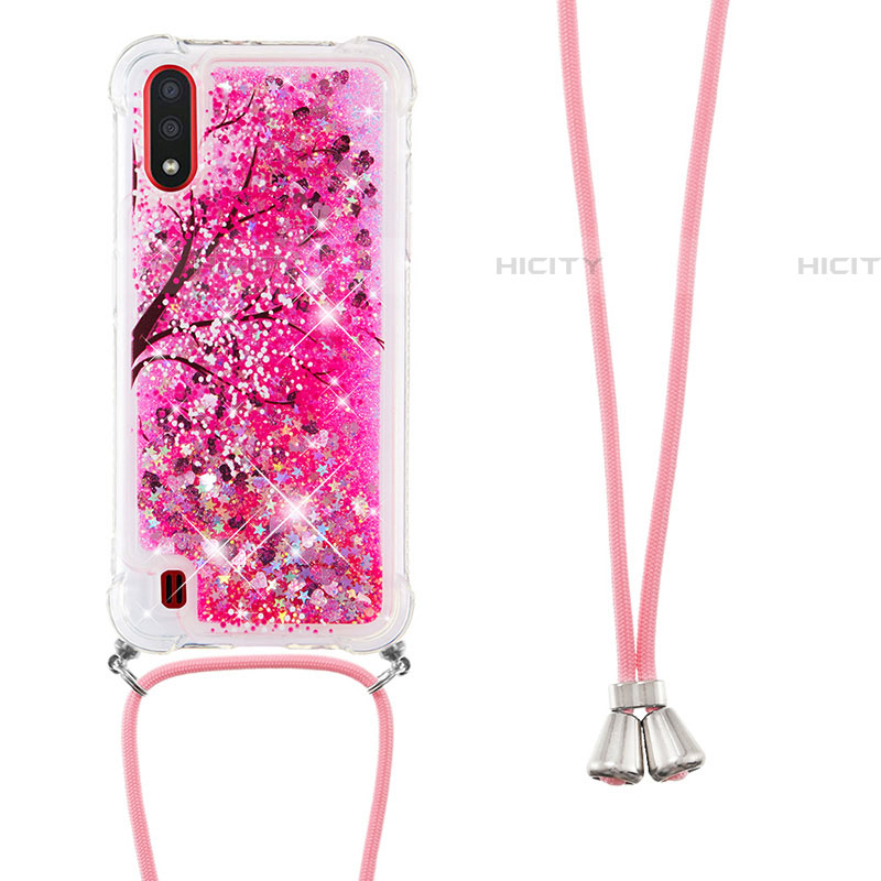 Funda Silicona Carcasa Goma Bling-Bling con Acollador Cordon Lanyard S02 para Samsung Galaxy A01 SM-A015 Rosa Roja