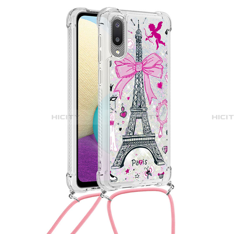 Funda Silicona Carcasa Goma Bling-Bling con Acollador Cordon Lanyard S02 para Samsung Galaxy A02