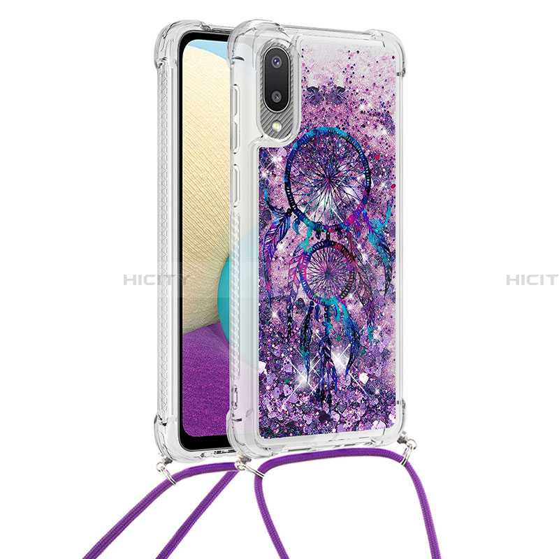 Funda Silicona Carcasa Goma Bling-Bling con Acollador Cordon Lanyard S02 para Samsung Galaxy A02 Morado