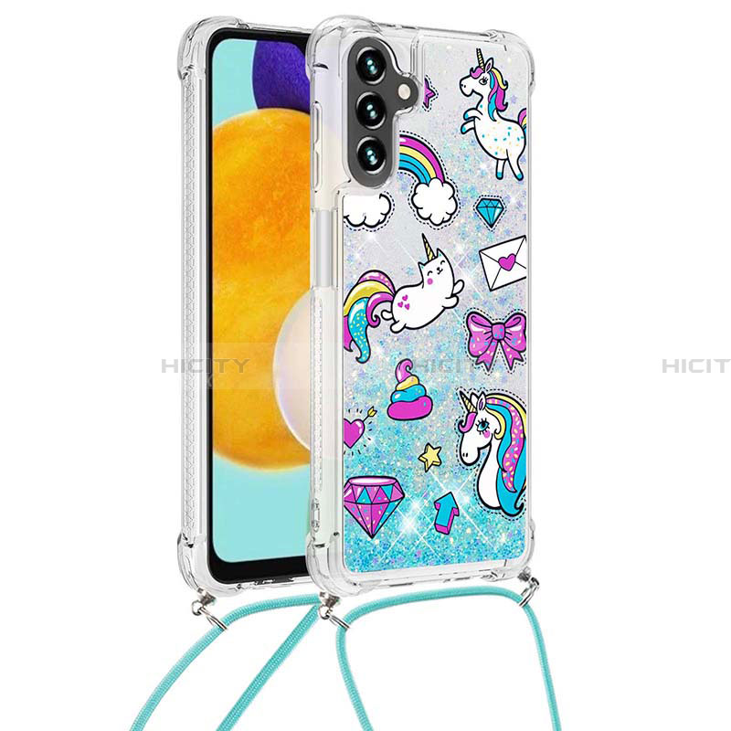 Funda Silicona Carcasa Goma Bling-Bling con Acollador Cordon Lanyard S02 para Samsung Galaxy A13 5G Azul Cielo