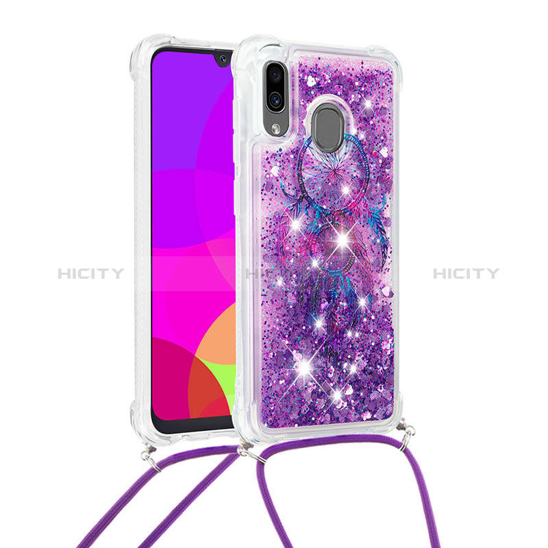 Funda Silicona Carcasa Goma Bling-Bling con Acollador Cordon Lanyard S02 para Samsung Galaxy A20 Morado