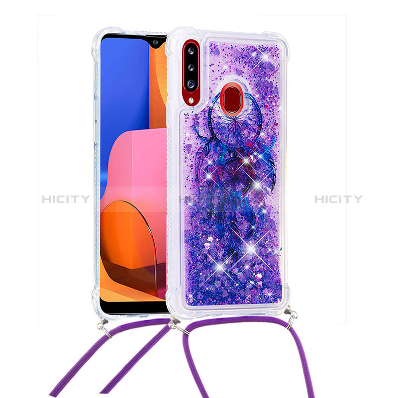 Funda Silicona Carcasa Goma Bling-Bling con Acollador Cordon Lanyard S02 para Samsung Galaxy A20s Morado