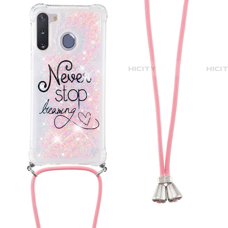 Funda Silicona Carcasa Goma Bling-Bling con Acollador Cordon Lanyard S02 para Samsung Galaxy A21 European Rosa