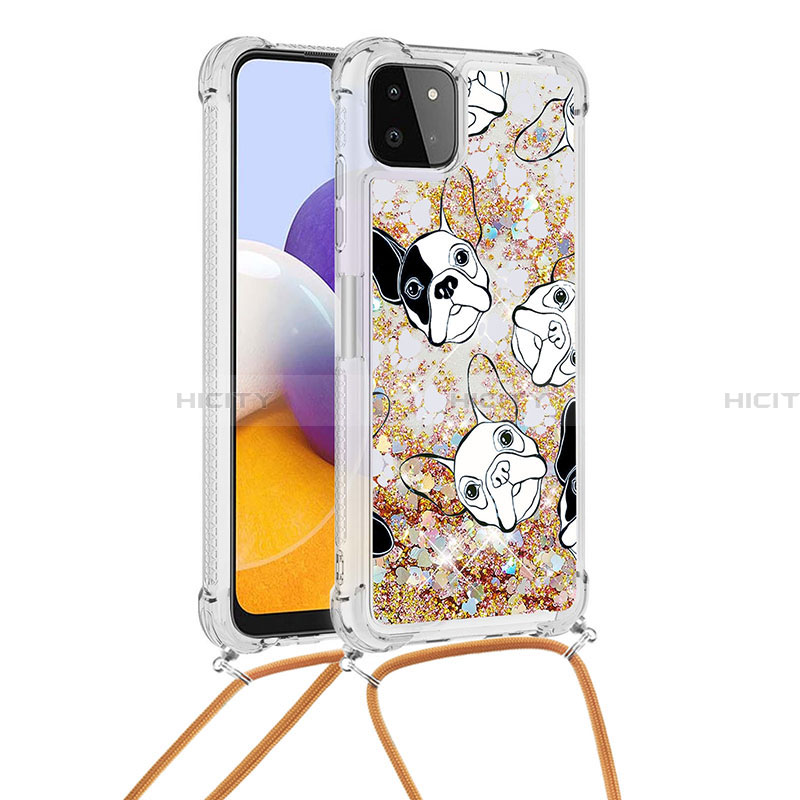 Funda Silicona Carcasa Goma Bling-Bling con Acollador Cordon Lanyard S02 para Samsung Galaxy A22 5G Oro