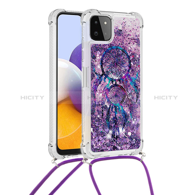 Funda Silicona Carcasa Goma Bling-Bling con Acollador Cordon Lanyard S02 para Samsung Galaxy A22s 5G Morado