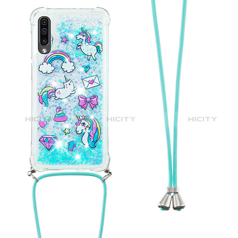 Funda Silicona Carcasa Goma Bling-Bling con Acollador Cordon Lanyard S02 para Samsung Galaxy A30S Azul Cielo