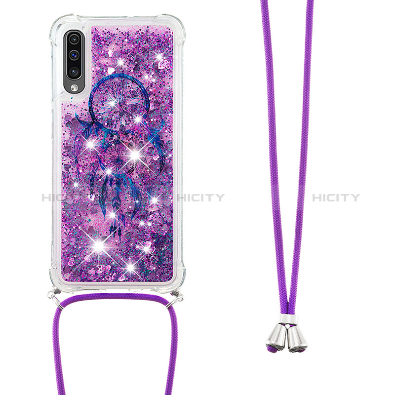 Funda Silicona Carcasa Goma Bling-Bling con Acollador Cordon Lanyard S02 para Samsung Galaxy A30S Morado