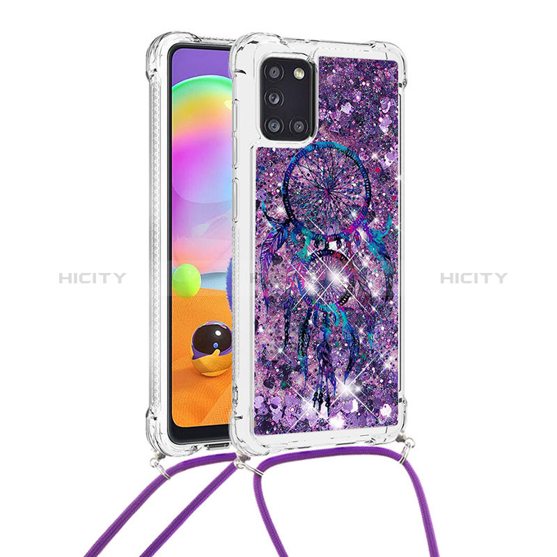 Funda Silicona Carcasa Goma Bling-Bling con Acollador Cordon Lanyard S02 para Samsung Galaxy A31 Morado