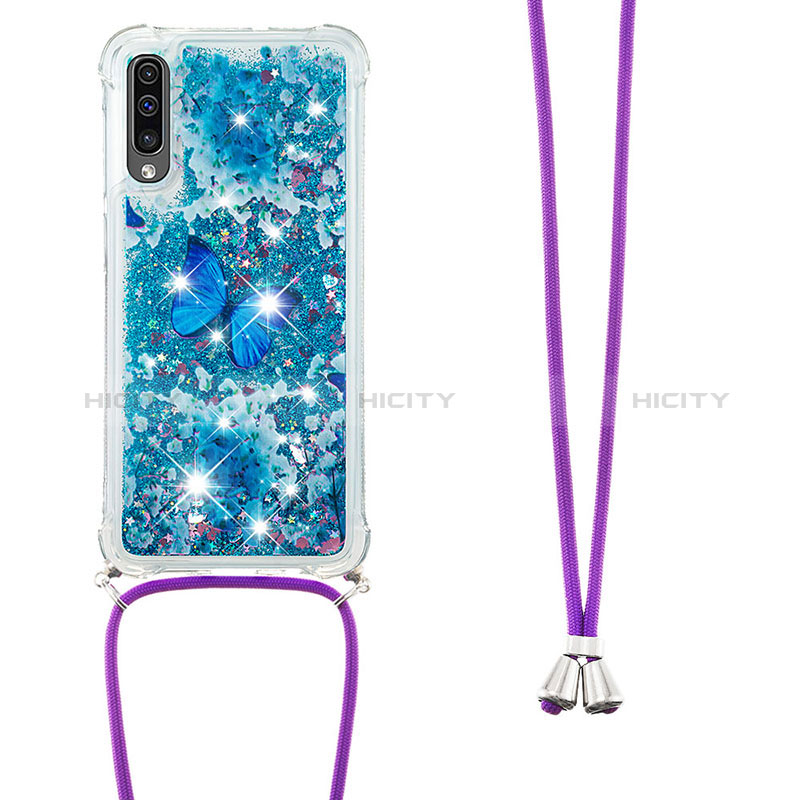 Funda Silicona Carcasa Goma Bling-Bling con Acollador Cordon Lanyard S02 para Samsung Galaxy A50 Azul