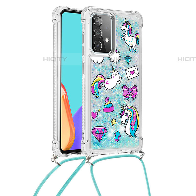 Funda Silicona Carcasa Goma Bling-Bling con Acollador Cordon Lanyard S02 para Samsung Galaxy A52 4G Azul Cielo