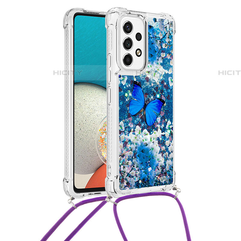 Funda Silicona Carcasa Goma Bling-Bling con Acollador Cordon Lanyard S02 para Samsung Galaxy A53 5G Azul