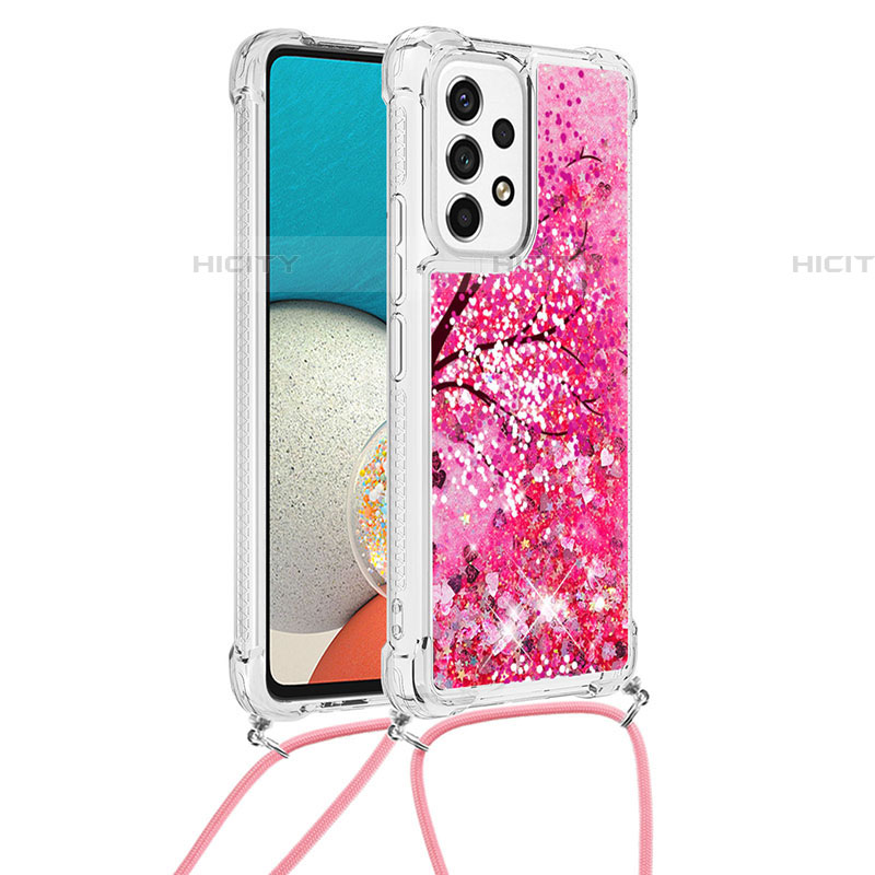 Funda Silicona Carcasa Goma Bling-Bling con Acollador Cordon Lanyard S02 para Samsung Galaxy A53 5G Rosa Roja