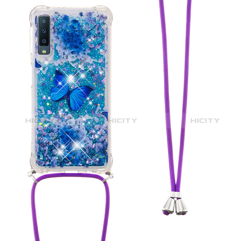 Funda Silicona Carcasa Goma Bling-Bling con Acollador Cordon Lanyard S02 para Samsung Galaxy A7 (2018) A750 Azul