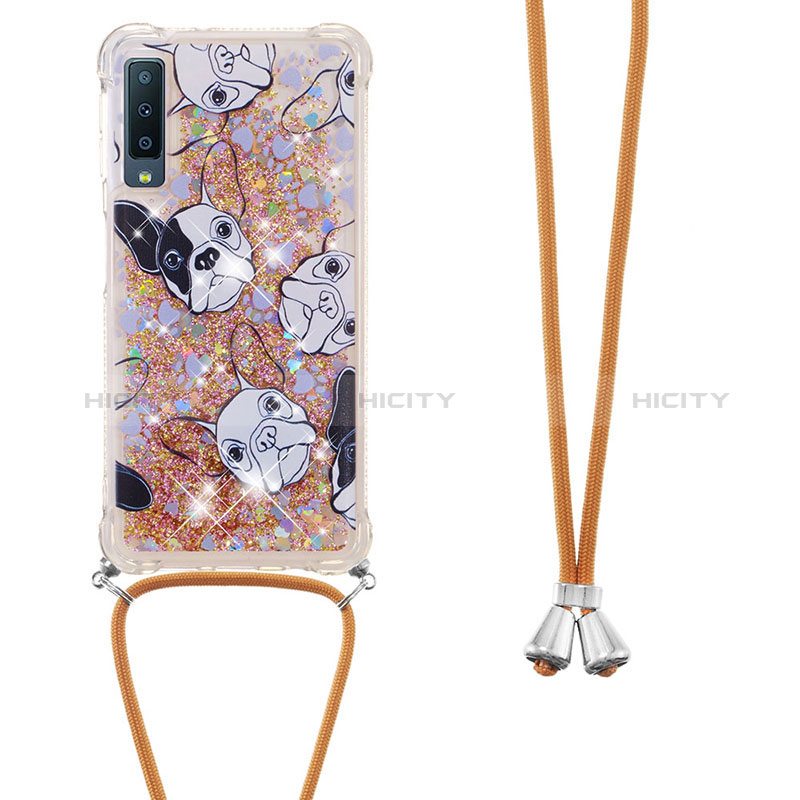 Funda Silicona Carcasa Goma Bling-Bling con Acollador Cordon Lanyard S02 para Samsung Galaxy A7 (2018) A750 Oro