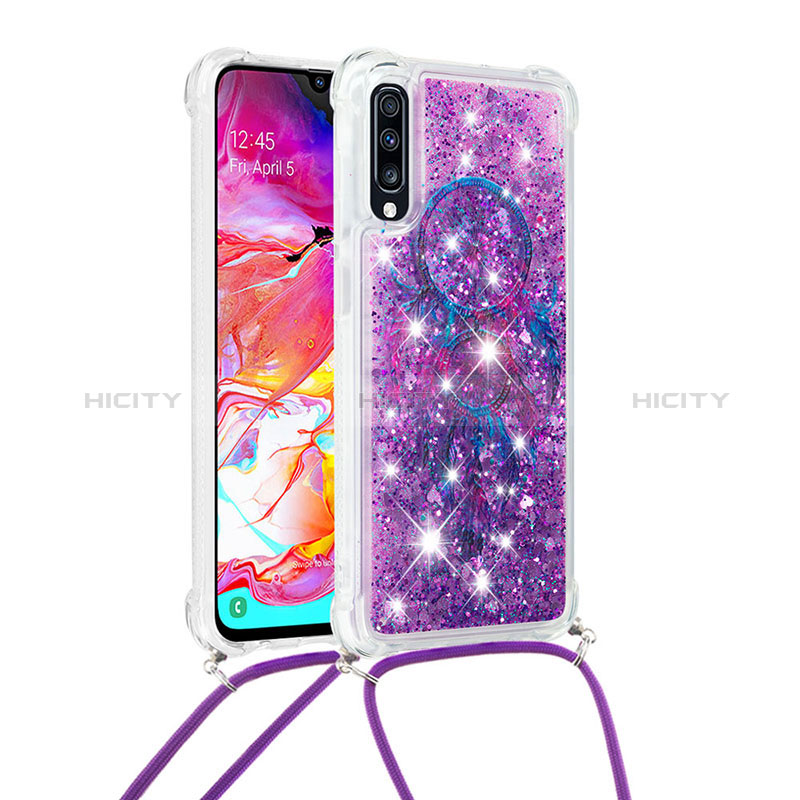 Funda Silicona Carcasa Goma Bling-Bling con Acollador Cordon Lanyard S02 para Samsung Galaxy A70 Morado