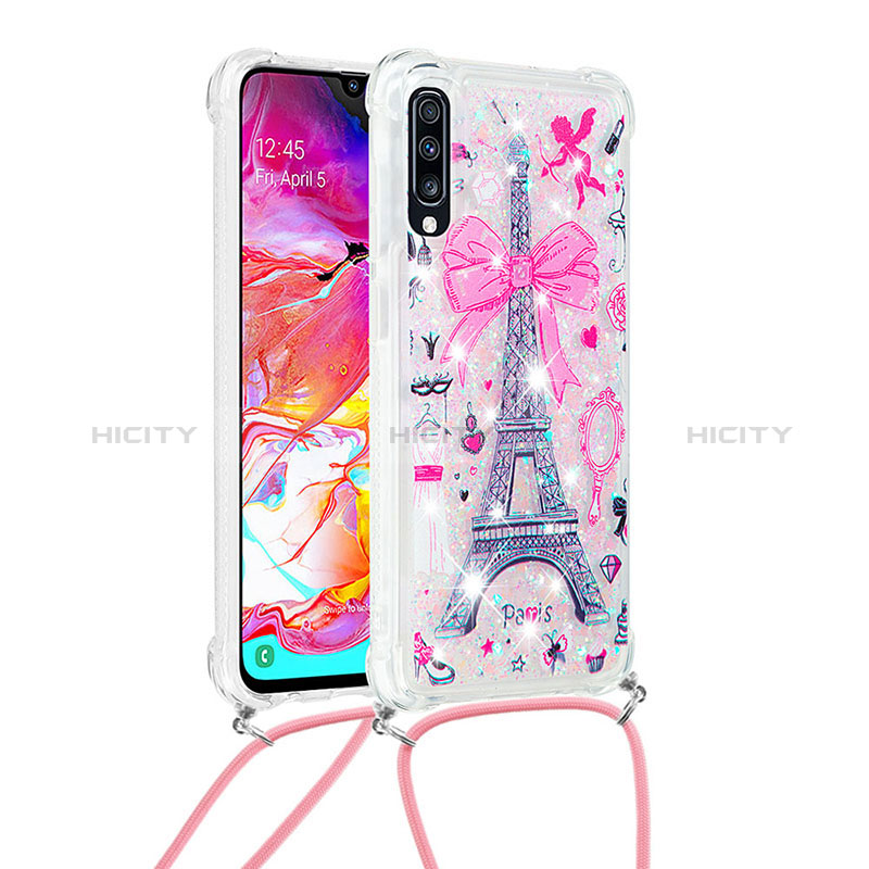 Funda Silicona Carcasa Goma Bling-Bling con Acollador Cordon Lanyard S02 para Samsung Galaxy A70S Rosa