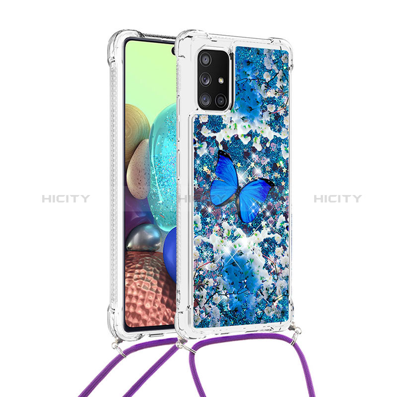 Funda Silicona Carcasa Goma Bling-Bling con Acollador Cordon Lanyard S02 para Samsung Galaxy A71 5G Azul