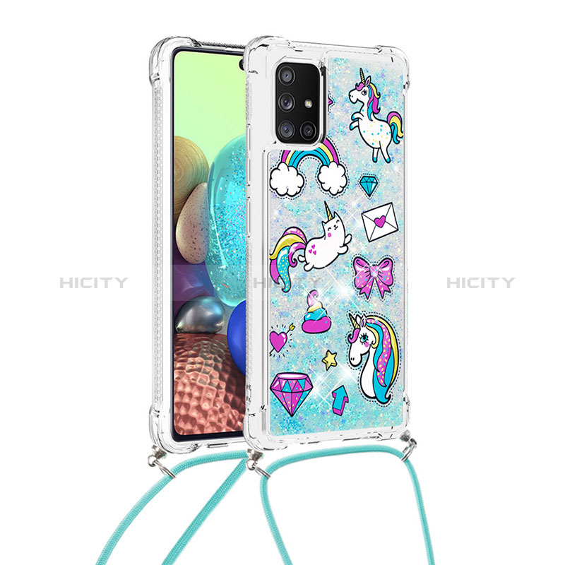 Funda Silicona Carcasa Goma Bling-Bling con Acollador Cordon Lanyard S02 para Samsung Galaxy A71 5G Azul Cielo