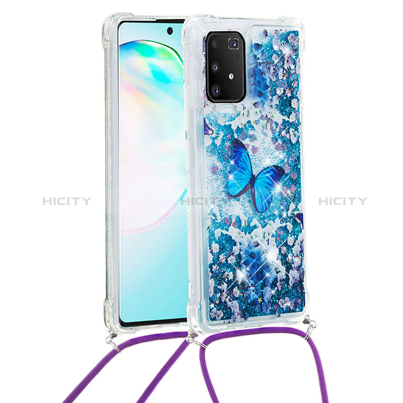 Funda Silicona Carcasa Goma Bling-Bling con Acollador Cordon Lanyard S02 para Samsung Galaxy A91 Azul